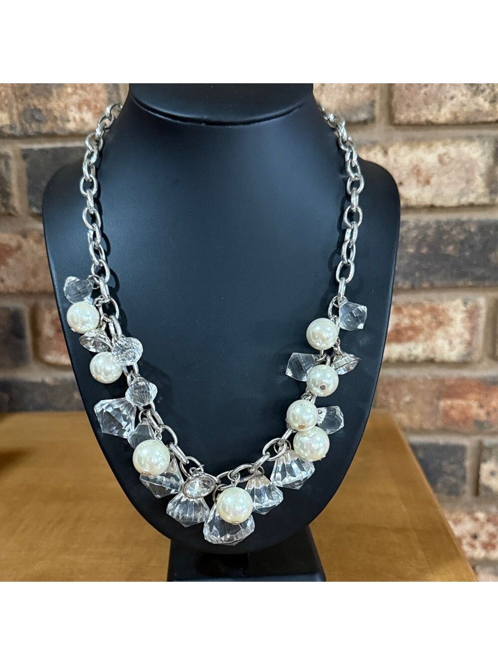 Relic Y2K silver tone faux pearl and jewel shaped beaded statement necklace